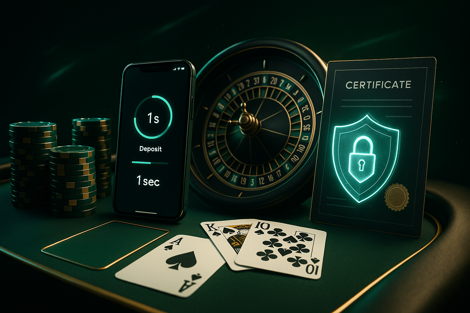 ภาพระบบฝากถอน 1 วิ สำหรับเกมไพ่และการสมัครบาคาร่า funny888 สไตล์หรู โทนดำเขียว เน้นปลอดภัยและเสถียร